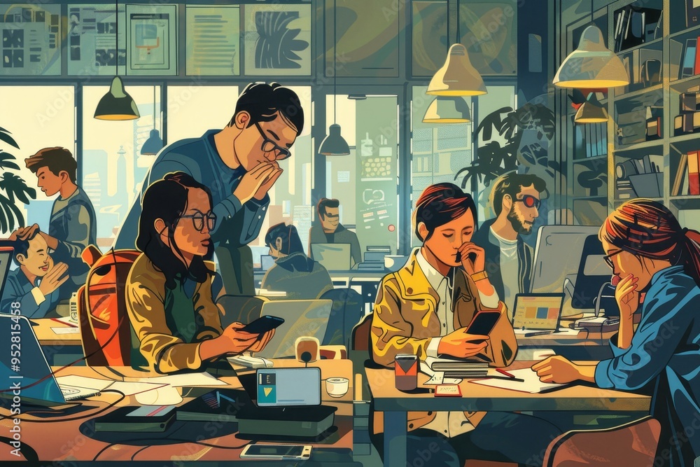 Poster in a bustling office, coworkers collaborate on projects while checking their phones for messages and