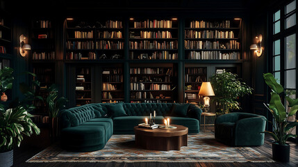 a cozy luxury library in dark green and black colors with bookshelves, books, and velvet armchairs, plants