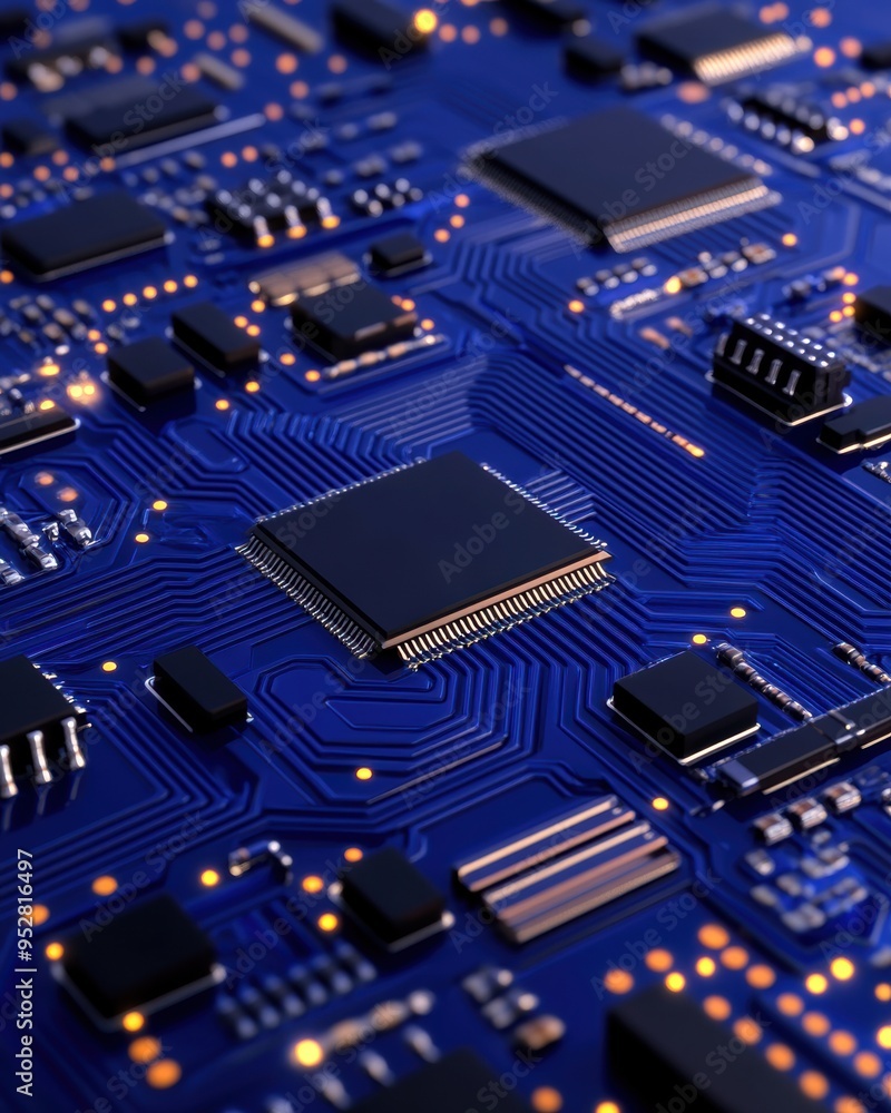 Poster close-up of a blue circuit board with multiple microchips and electronic components. high-resolution