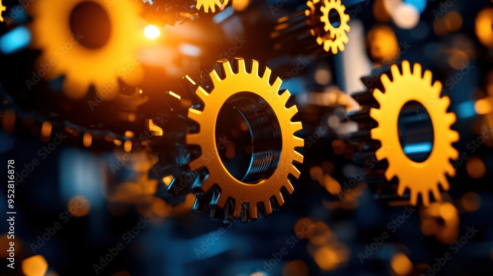 Poster close-up of a set of interconnected, golden gears against a dark background, symbolizing teamwork an