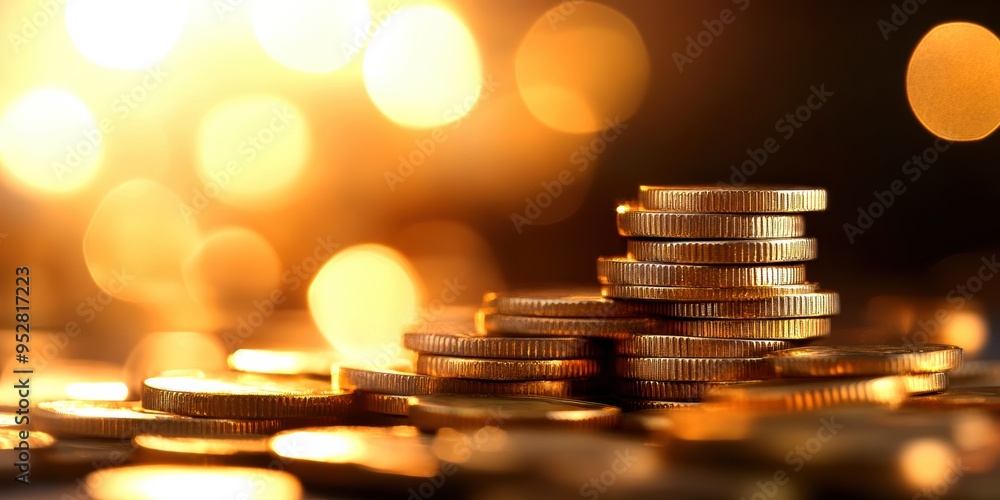 Poster close-up of stacked gold coins on a reflective surface with a bokeh effect of lights in the backgrou