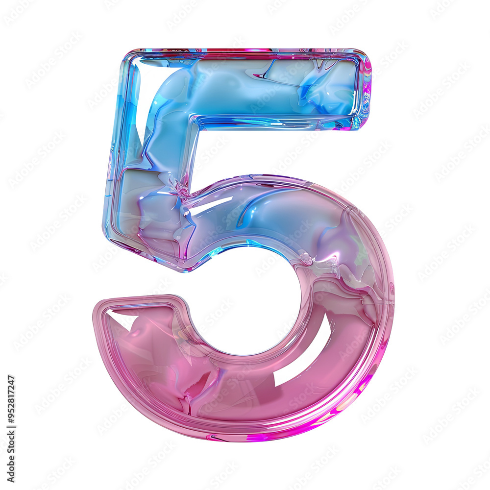 Wall mural pink blue crystal 5 number alphabet realistic 3d on white background. generative ai