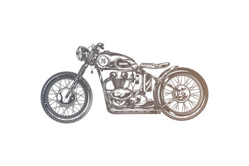 Classic vintage motorcycle. Original vector illustration in vintage style isolated on white background. T-shirt design.