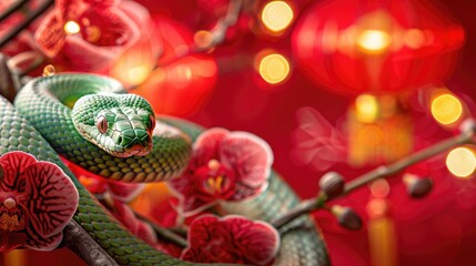 Cute green snake coiling around a blooming orchid flower under a soft glow.