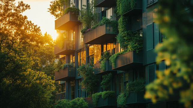 Golden Hour Warmth on Modern Building. Sunset over an eco-friendly apartment complex amidst greenery, ideal for real estate promotion.