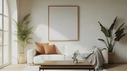 A minimalist living room featuring a white sofa, a vintage coffee table, an arched window, and a large, empty art poster frame, with a houseplant next to the coffee table and a throw blanket draped