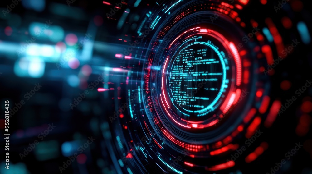 Poster futuristic digital interface with glowing red and blue lights, representing advanced technology, dat