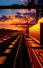 Golden hour at a bustling port with cargo containers, cranes and a dramatic sunset sky, creating a stunning industrial landscape.