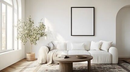 A modern living room featuring a white sofa, a vintage coffee table, an arched window, and a large, empty art poster frame, with a patterned rug beneath the coffee table and a throw blanket draped