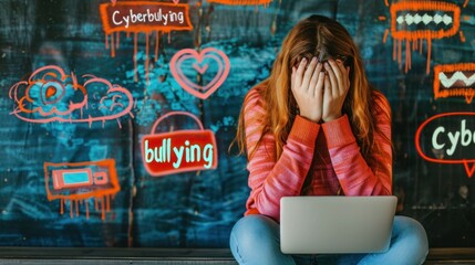 Young girl covers her face in despair while using a laptop, with cyberbullying-related imagery behind her, representing the overwhelming impact of online abuse on mental health.