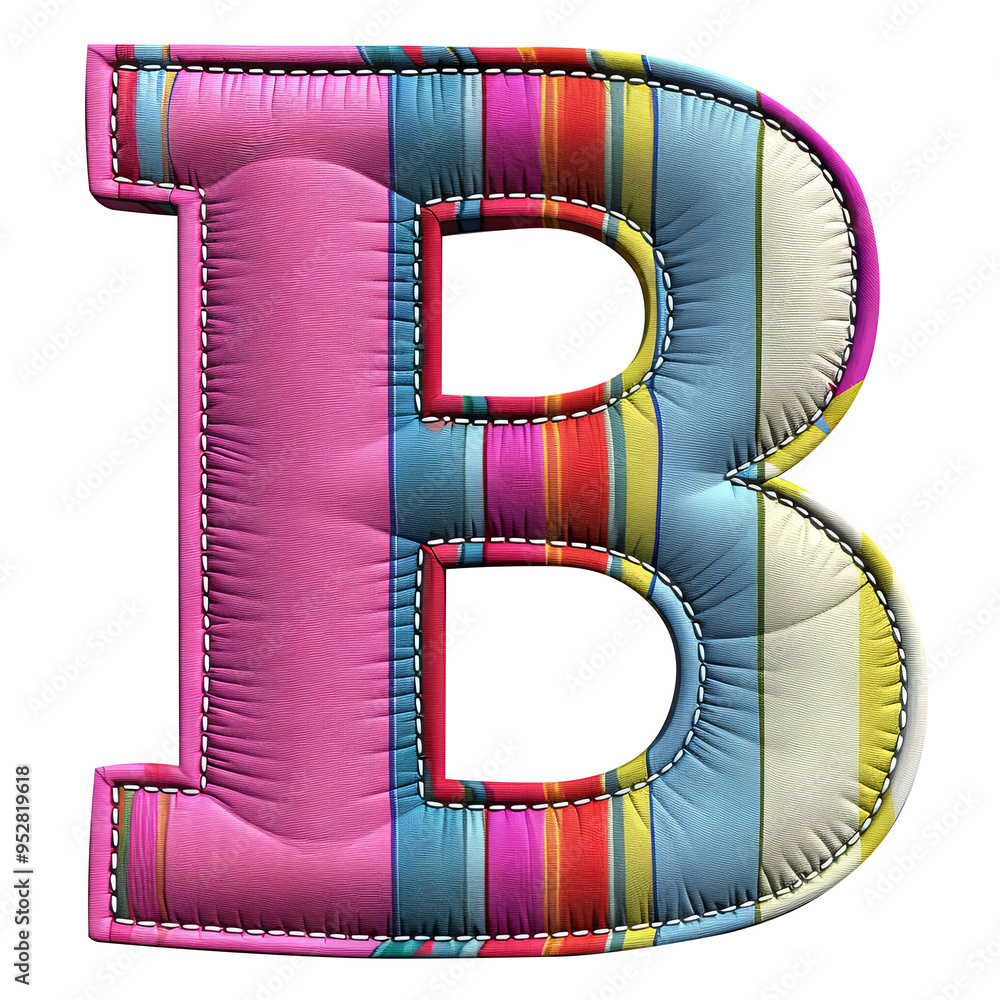 Wall mural stitched colorful B alphabet Realistic 3D on white background. Generative AI