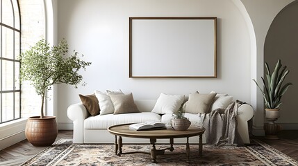 A modern living room featuring a white sofa, a vintage coffee table, an arched window, and a large, empty art poster frame, with a patterned rug beneath the coffee table and a throw blanket draped