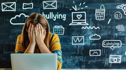 A distressed teenager sits with her face covered, the wall behind her filled with negative words, illustrating the emotional burden and anxiety associated with cyberbullying.