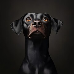 Regal black dog portrait with a dark background, capturing its serious and focused expression. High-detail image of a noble canine companion.