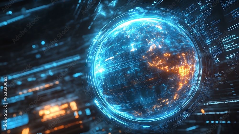Poster a glowing blue digital globe surrounded by abstract lines and data