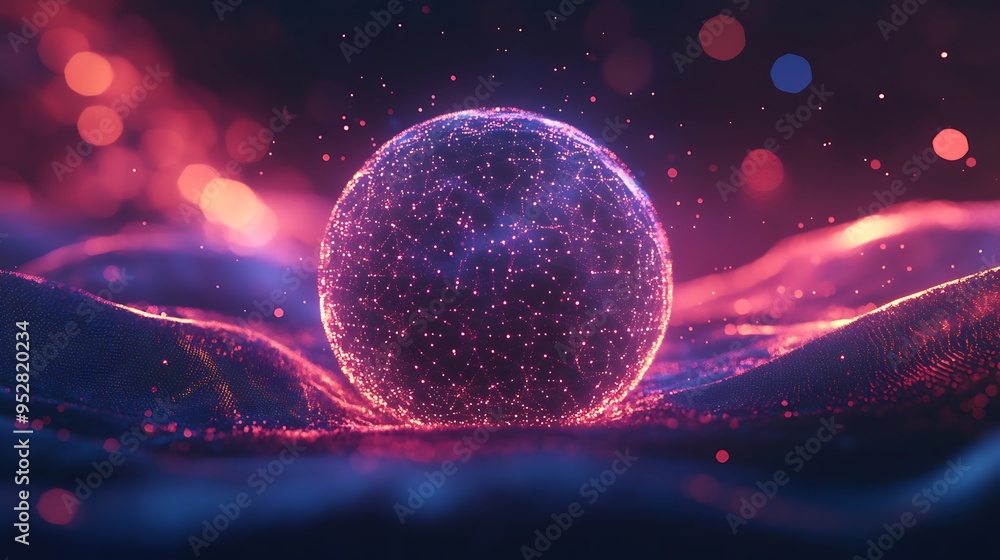 Poster glowing sphere on a network of particles with a blurry background