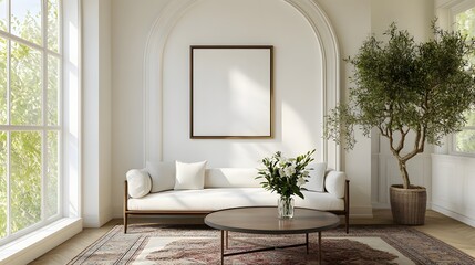 A modern living room featuring a white sofa, a vintage coffee table, an arched window, and a large, empty art poster frame, with a patterned rug beneath the coffee table and a vase of fresh flowers