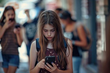 A young girl walks alone, focused on her smartphone, with a concerned expression, symbolizing the isolation and anxiety caused by cyberbullying and social media pressure.