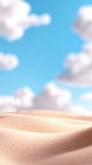 Serene desert landscape with gentle sand dunes under a clear blue sky dotted with fluffy white clouds, evoking a sense of tranquility.