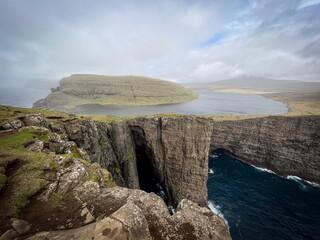 S&oslash;rv&aacute;gsvatn, lake hanging above an ocean, Faroe Islands