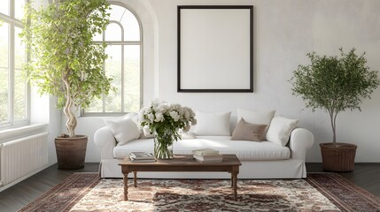 A modern living room featuring a white sofa, a vintage coffee table, an arched window, and a large, empty art poster frame, with a patterned rug beneath the coffee table and a vase of fresh flowers