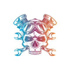 Skull wearing motorcycle goggles against a background of wrenches and an engine. Original vector illustration in vintage style isolated on white background. T-shirt design.