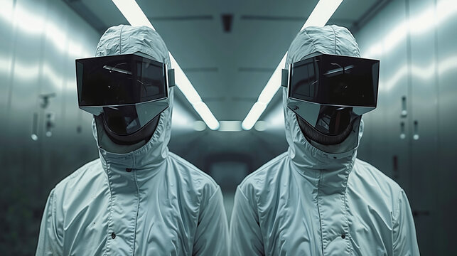 Two people wearing vr headsets in a hallway