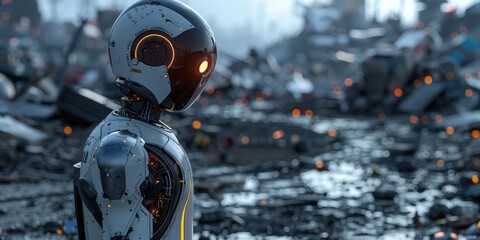 A futuristic robot with a white helmet and glowing orange eyes in a ruined city, surrounded by debris and garbage, with a dark background.