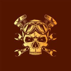 Skull wearing motorcycle goggles against a background of wrenches and an engine. Original vector illustration in vintage style isolated on red background. T-shirt design.