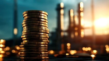 Stack of coins against a blurred industrial background, symbolizing economic growth and financial stability.