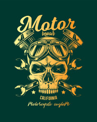 Fototapeta premium Vintage custom motorcycle poster. Original vector illustration in vintage style isolated on green background. T-shirt design.