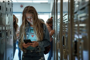 A sad young girl checks her smartphone, surrounded by peers who are similarly engrossed in their phones, representing the loneliness and stress linked to cyberbullying in the digital age.