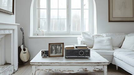 A vintage coffee table with a chipped paint finish, adorned with a stack of old photographs and a vintage radio, placed in front of a white sofa against a backdrop of an arched window and a white