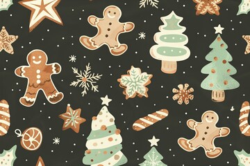 Seamless christmas pattern retro style with gingerbread cookies