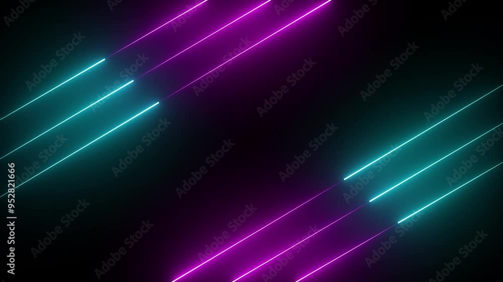 Poster abstract purple and cyan neon lights animated on a dark background. abstraction neon lines moving up