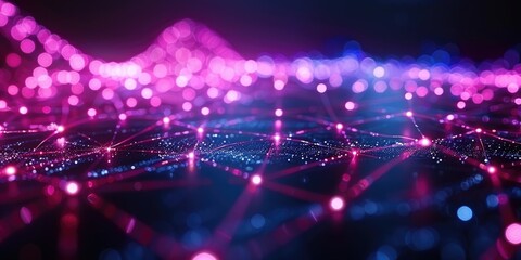 Obraz premium A network of bright purple and blue lines forming a glowing grid, creating a modern abstract design with a dark background, evoking a sense of technology and cyber energy.