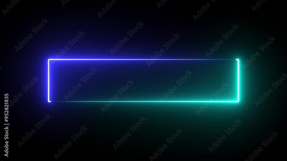Poster abstract blue and cyan neon glowing line frame, animated moving led light screen box projection. emp