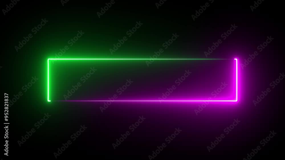 Poster abstract green and pink neon glowing line frame, animated moving led light screen box projection. em
