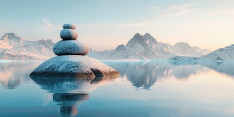 A surreal landscape with a stone stack on a rock in a serene lake, with the foggy mountains and distant peaks shrouded in morning mist.