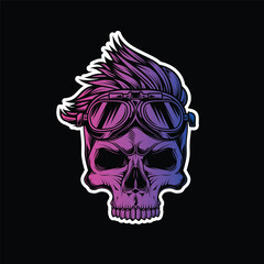 Hipster skull with motorcycle glasses and trendy hairstyle. Original vector illustration in vintage style isolated on black background. T-shirt design.