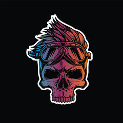Hipster skull with motorcycle glasses and trendy hairstyle. Original vector illustration in vintage style isolated on black background. T-shirt design.