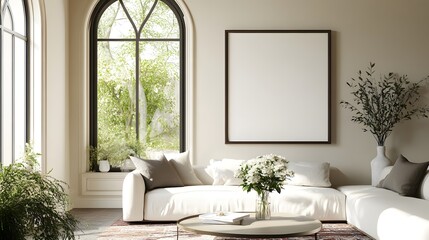 A modern living room featuring a white sofa, a vintage coffee table, an arched window, and a large, empty art poster frame, with a patterned rug beneath the coffee table and a vase of fresh flowers