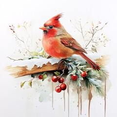 Watercolor Christmas card with red cardinal bird on branch with rowan berries.