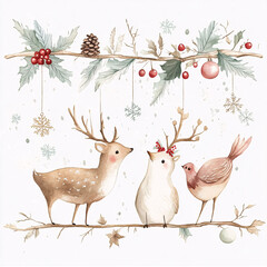 Fototapeta premium Christmas greeting card with cute reindeer and bird, watercolor illustration