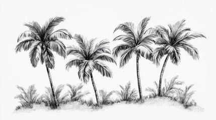 Obraz premium illustration concept of tropical palm trees swaying in the breeze, hand-drawn in black on white background, capturing essence of nature