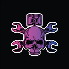 Mechanic logo with skull, pistons and crossed wrenches. Original vector illustration in vintage style isolated on black background. T-shirt design.
