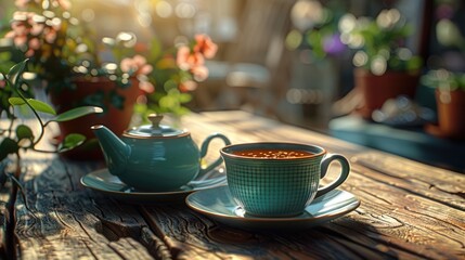 A delicious tea break with cup of tea on a dark wooden table, featuring a green teapot with a traditional design.