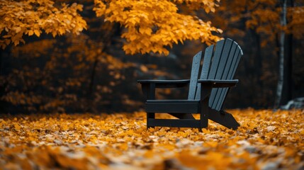 a wooden chair beneath golden leaves beckons you to relax in the soothing autumn setting, perfect for a postcard mockup banner design concept
