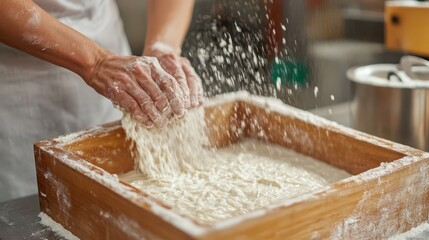 Fototapeta premium Making traditional noodles in a rustic kitchen during the afternoon