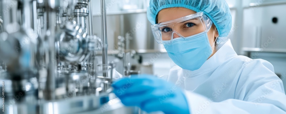 Wall mural biopharmaceutical engineer designing modular bioprocessing systems, process flexibility, scalable pr